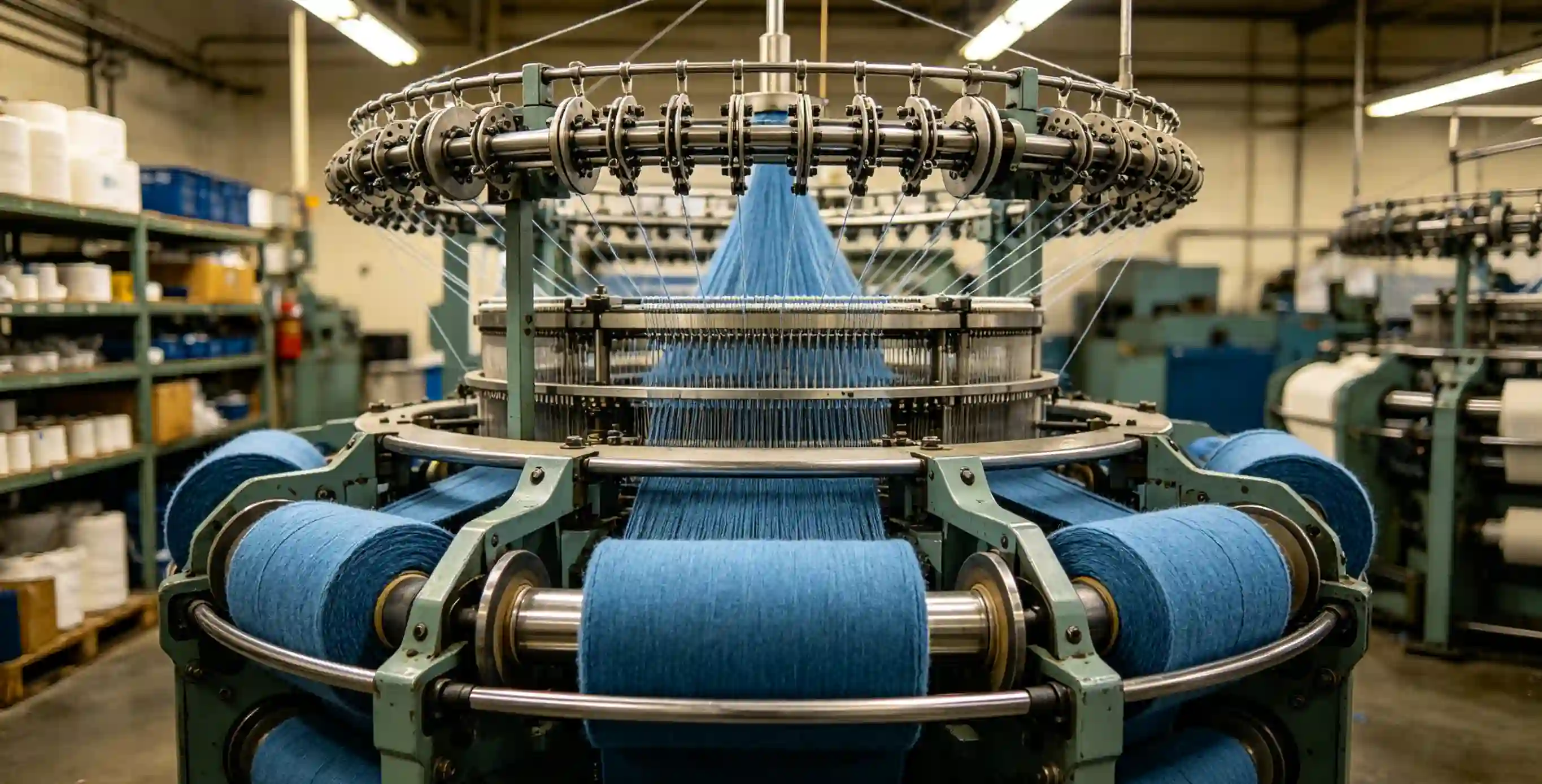 M&aacute;quina de tejer circular industrial que produce rollos textiles azules en una f&aacute;brica.